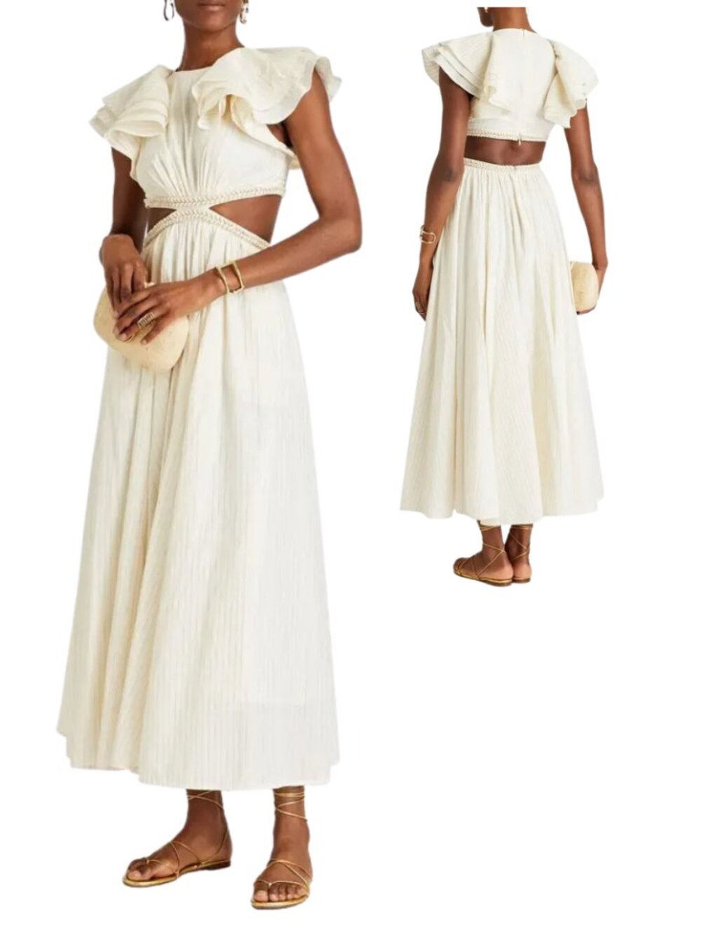 Zimmermann Anneke Ruffled Metallic Cotton-Blend Maxi Dress in Ivory. Size M